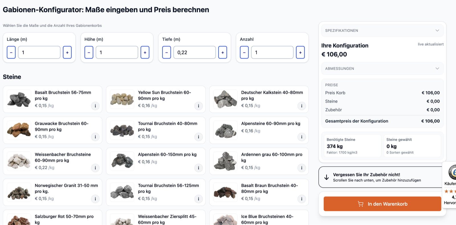 Gabionen-Konfigurator Screenshot mit Maße, Steinwahl und Live-Preisberechnung